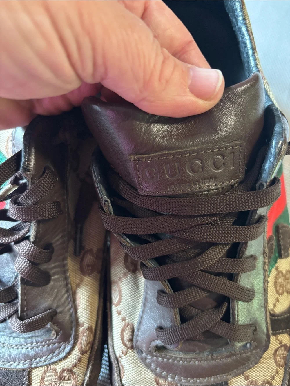 Gucci Brown leather & Beige GG Canvas Sneakers with Green and Red Stripe mns 10
